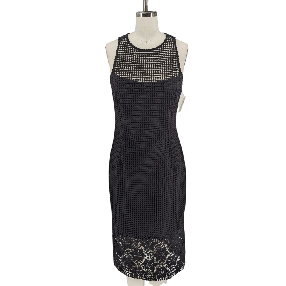 01556 WHBM Crochet Sheath Dress Black Size 6 preppy summer Business casual